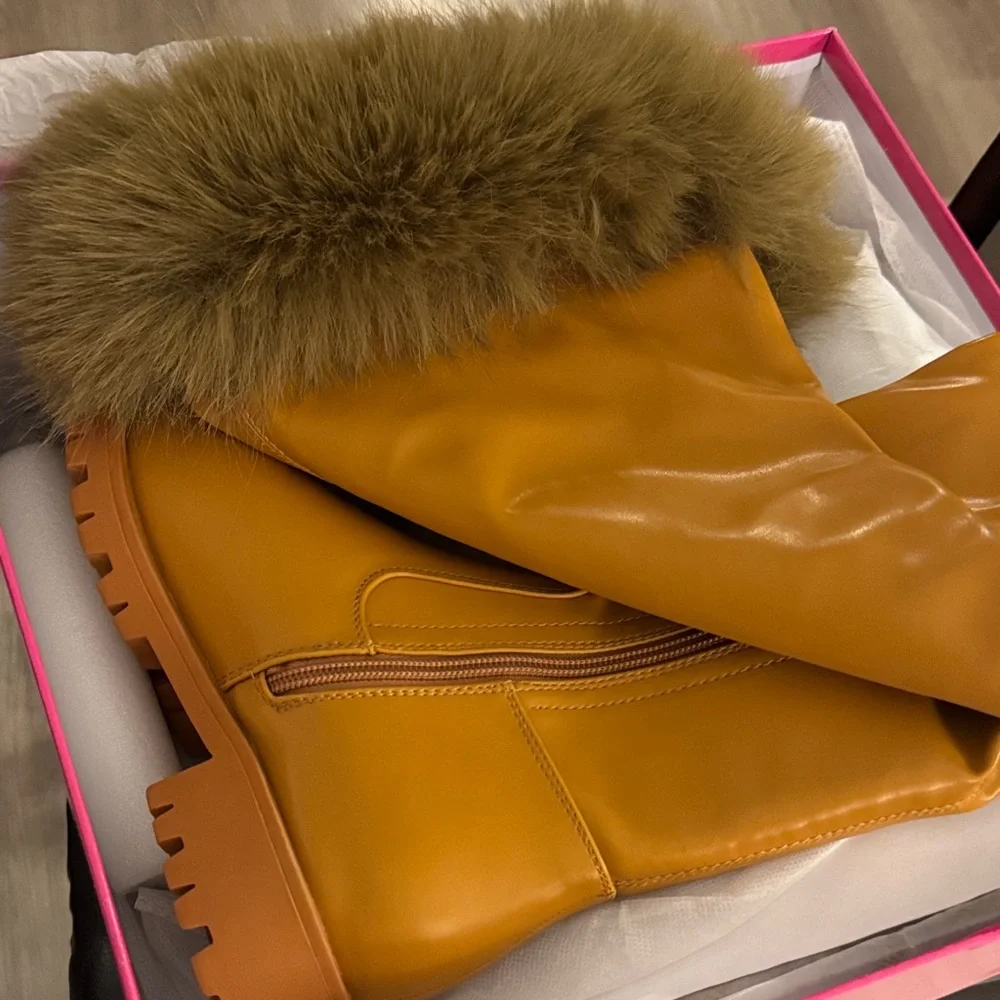 Cape Robbin ❣️Meghani Fur-Coated Over-the-Knee Boots - Tan Sz 5 ❣️BRAND NEW ❣️